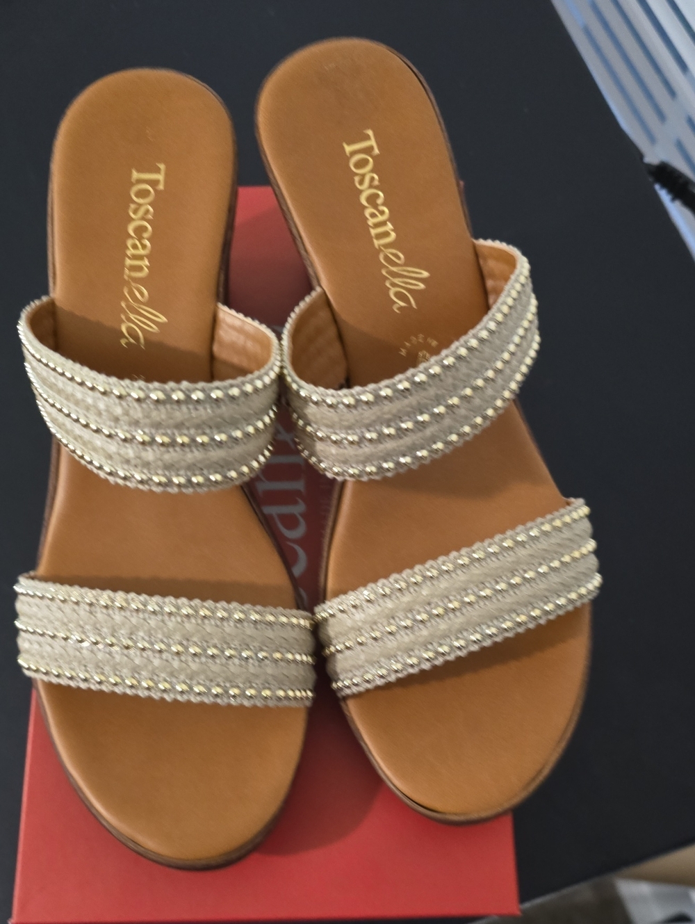 Toscannella Gold Beaded Double-Strap Slide Sandals
